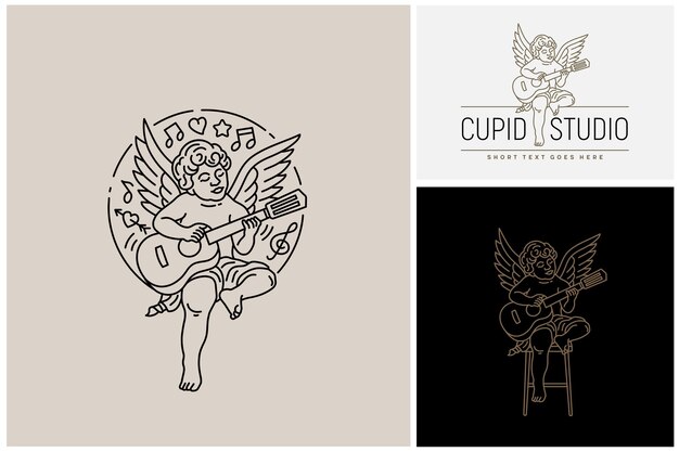 Baby eros cupid cherub spielt gitarre mit liebe herz pfeil musiknoten für hochzeit band studio logo