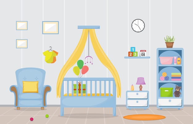 Vektor baby-kleinkind-kinderschlafzimmer-innenraum-möbel