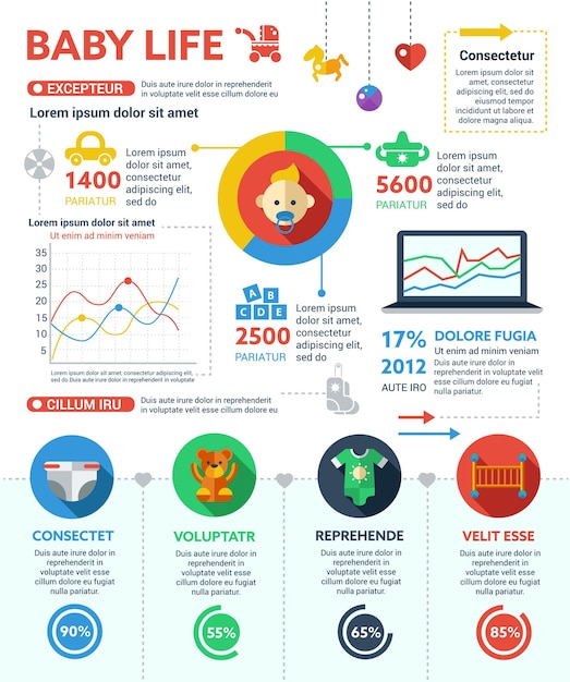 Baby life - info-poster, layout der broschüren-cover-vorlage mit symbolen, anderen infografik-elementen und fülltext