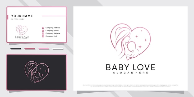 Baby-logo mit herz- oder liebesstil und visitenkartendesign premium-vektor