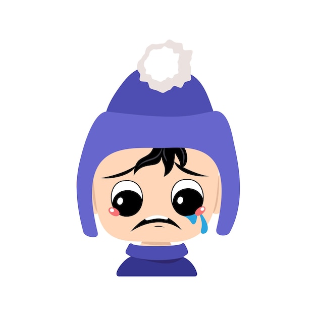 Vektor baby mit weinen und tränen emotion trauriges gesicht depressive augen in blauem hut mit bommelkind mit melanch...
