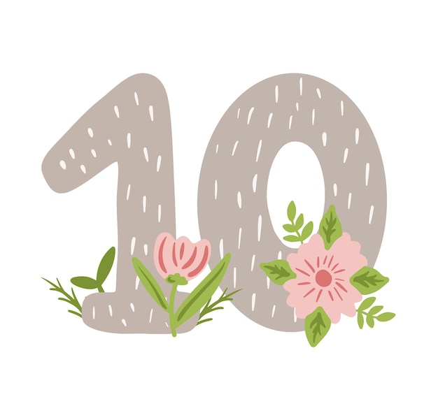 Baby monatlicher meilenstein süße nummer 10 mit blumen cartoon-illustration vektorillustration