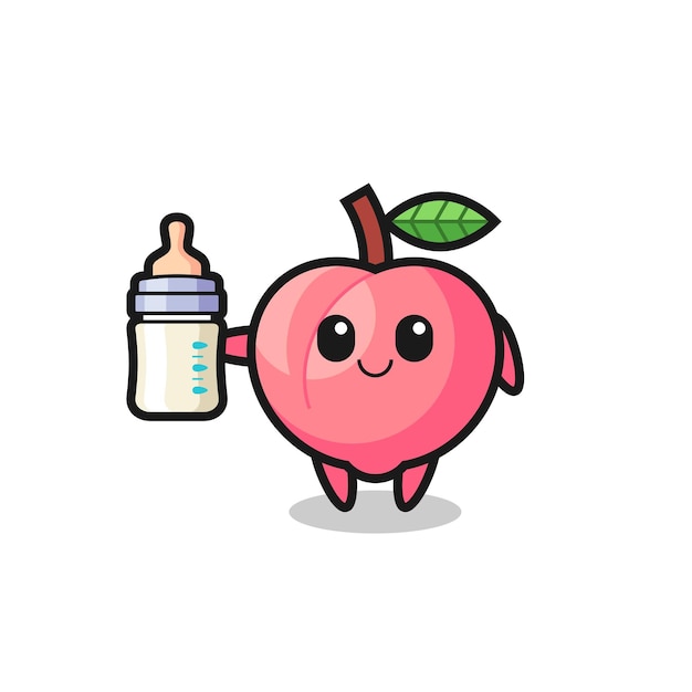 Baby-pfirsich-cartoon-figur mit milchflasche, süßes design für t-shirt, aufkleber, logo-element