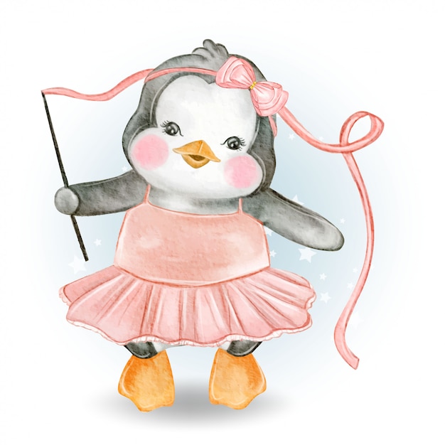 Baby Pinguin tanzen Ballerina Aquarell Illustration