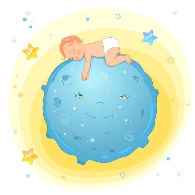 Vektor baby schläft auf dem mond. realistisches karikaturbaby in der windel.