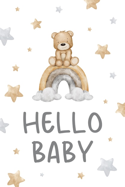 Baby-Shower-Karte mit Sternen Teddybär sitzt auf dem Regenbogen Hallo Baby Inschrift Neugeboren