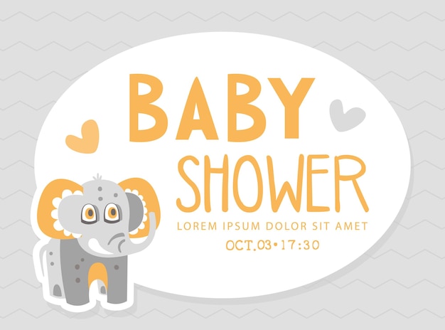Baby-Shower-Karte mit süßem Elefanten-Charakter mit Rumpf- und Zähne-Vektorvorlage