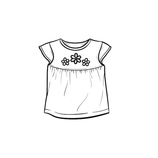 Vektor baby-t-shirt mit blumen hand gezeichneten umriss-doodle-symbol. babymode- und kleidungskonzeptvektorskizzenillustration für druck, netz, mobile und infografiken lokalisiert auf weißem hintergrund.