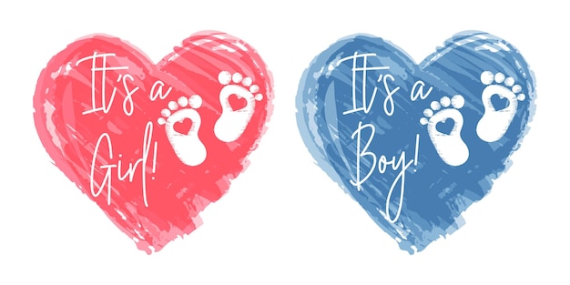 Vektor babyabdrücke in einem aquarellherzen. rotes und blaues symbol für neugeborene mädchen und jungen im herzen. s