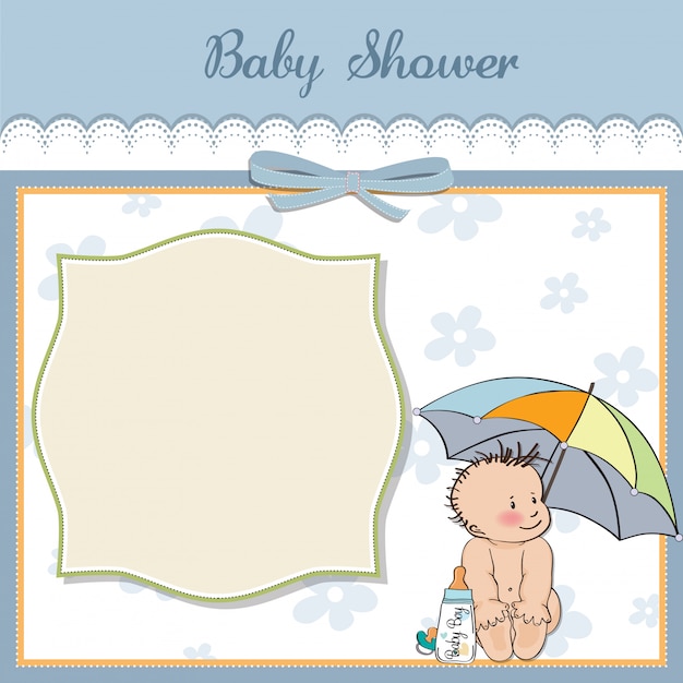 Babyduschkarte mit lustigem baby unter seinem regenschirm