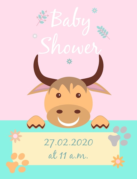 Babykarten für die babyparty kuhpostkarte oder partyvorlagen in blau und pink mit bezaubernden tieren