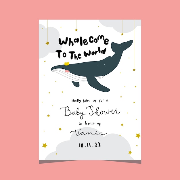 Babyparty-kartendesign mit flacher illustration des wals