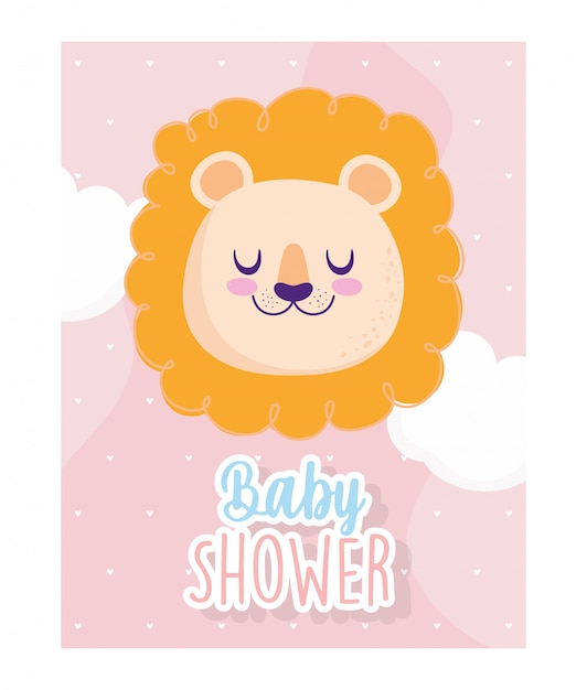 Babyparty, niedliches gesicht löwenwolkenherzenhintergrundkarikatur, themeneinladungskarte