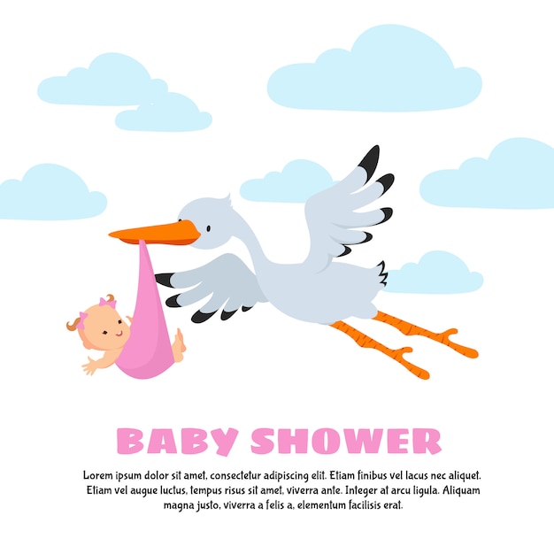 Vektor babyparty-vektorkarte mit tragendem kind des storchs