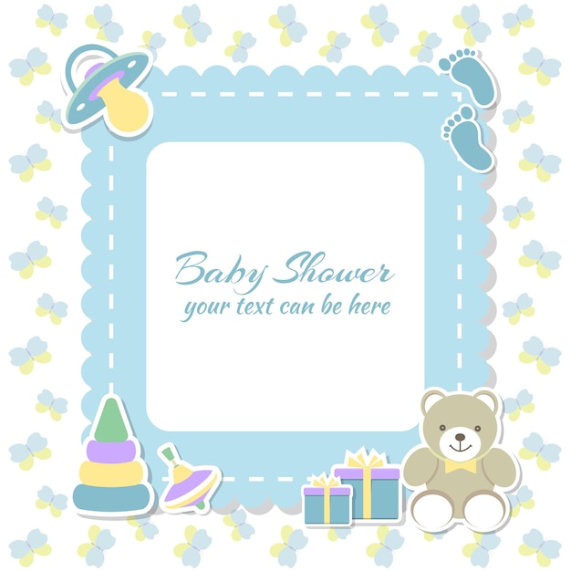 Vektor babypartyjunge, einladungskarte. platz für text. grußkarten. vektor-illustration. teddybär mit geschenkbox, blauer hintergrund, schmetterling.