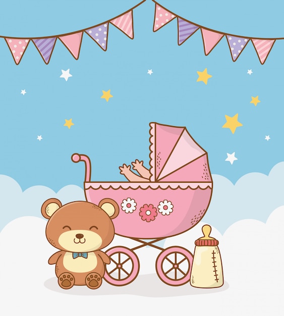 Babypartykarte mit rosa warenkorb