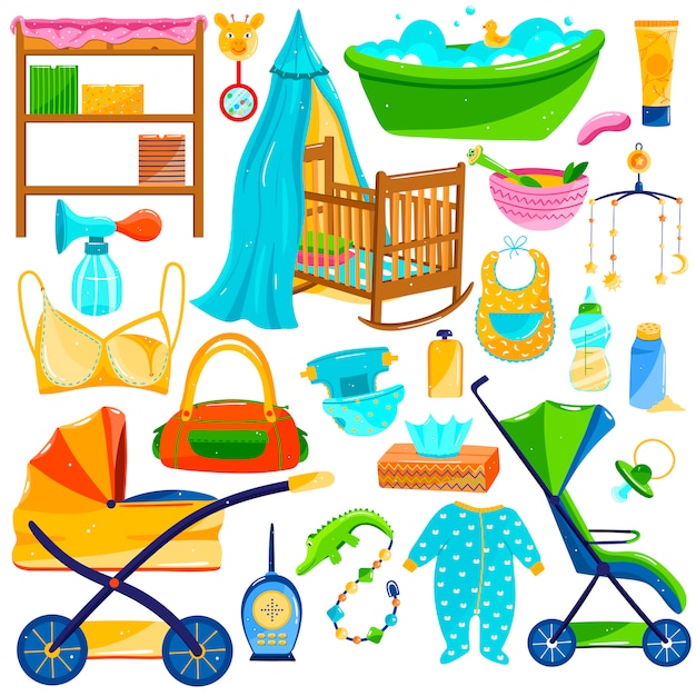 Babypflegeobjekte, neugeborenenartikelbedarf, satz ikonen auf weiß, illustration