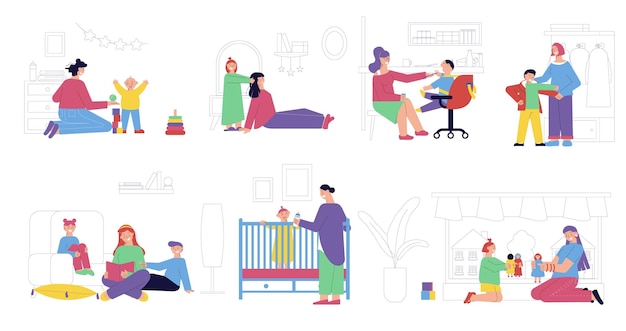 Babysitter-Nanny-Satz von flachen Zeichentrickfiguren von Kindern und Gouverneuren mit Teenager-Kindern und Kleinkindern, Vektorgrafik