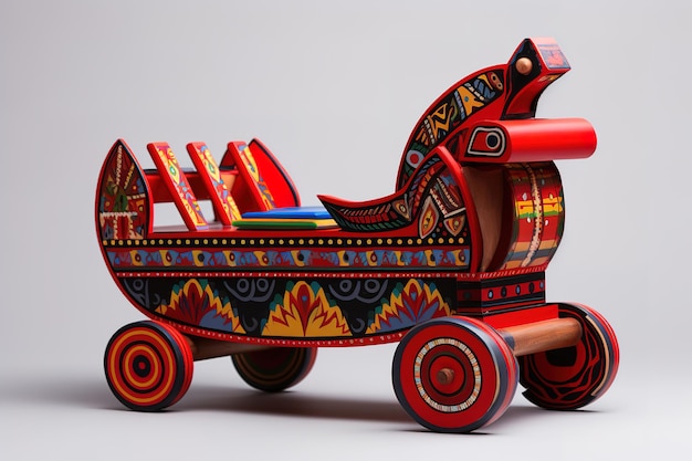 Vektor babyspielzeugwagen, der von zwei pferden gezogen wird russische volkskunst und handwerk arkhangelsk region russland