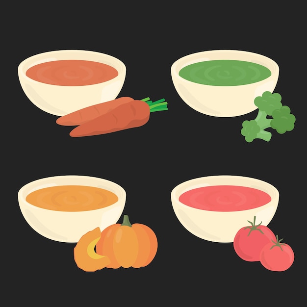 Babysuppe karotten-kürbis-brokkoli-tomaten-vektorillustration