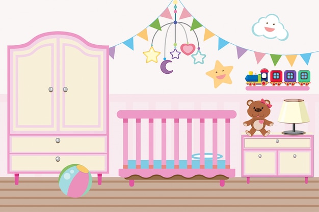 Vektor babyzimmer mit kinderbett und schrank