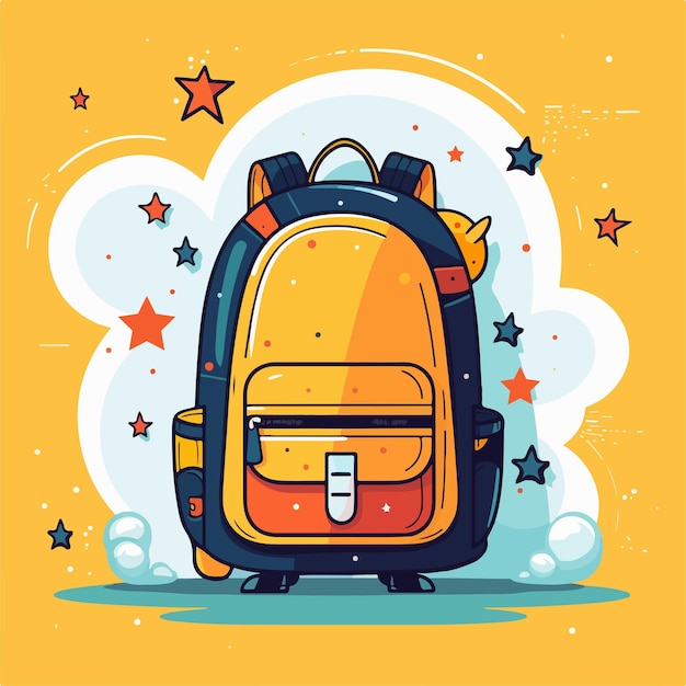 Back to school-konzept rucksack mit schulgeräten und sternen top-view vektor-illustration