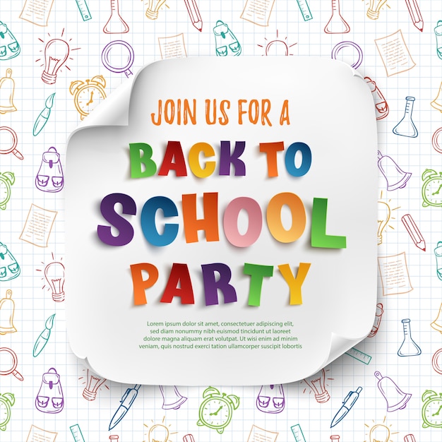 Back to school party poster vorlage mit bunten handgezeichneten schulwerkzeugen.