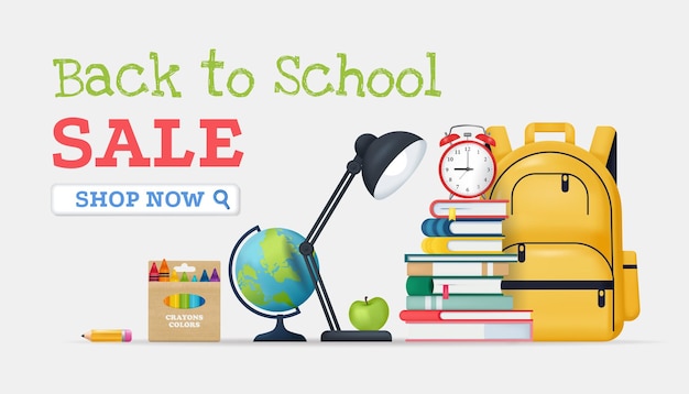 Back to school sale banner vektor realistische illustration schulmaterial zubehör