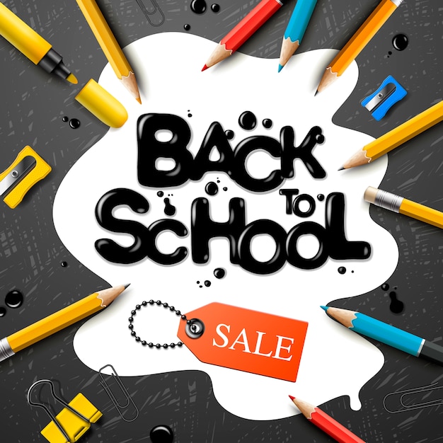 Back to school sale design mit bleistiften und typografie-schriftzug. schulillustration für poster, web, cover, anzeige, gruß, karte, soziale medien, werbung.