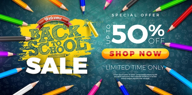 Vektor back to school sale design mit buntem bleistift und typografie-schriftzug auf tafelhintergrund