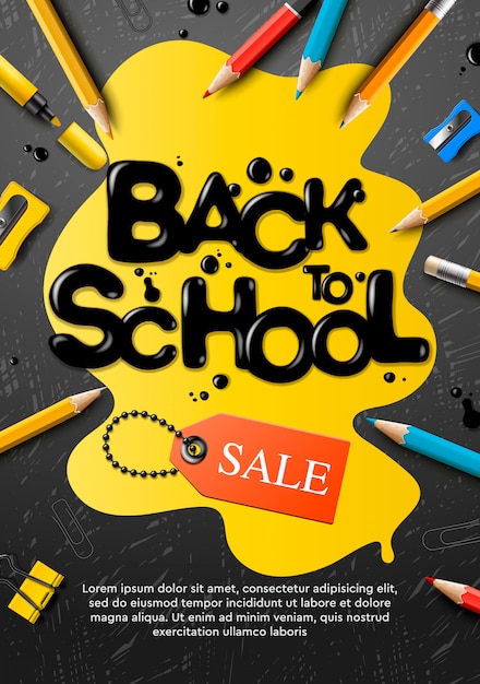 Back to School Sale Poster und Banner mit bunten Stiften und Elementen für die Verkaufsförderung und Bildung im Einzelhandel. Illustration.