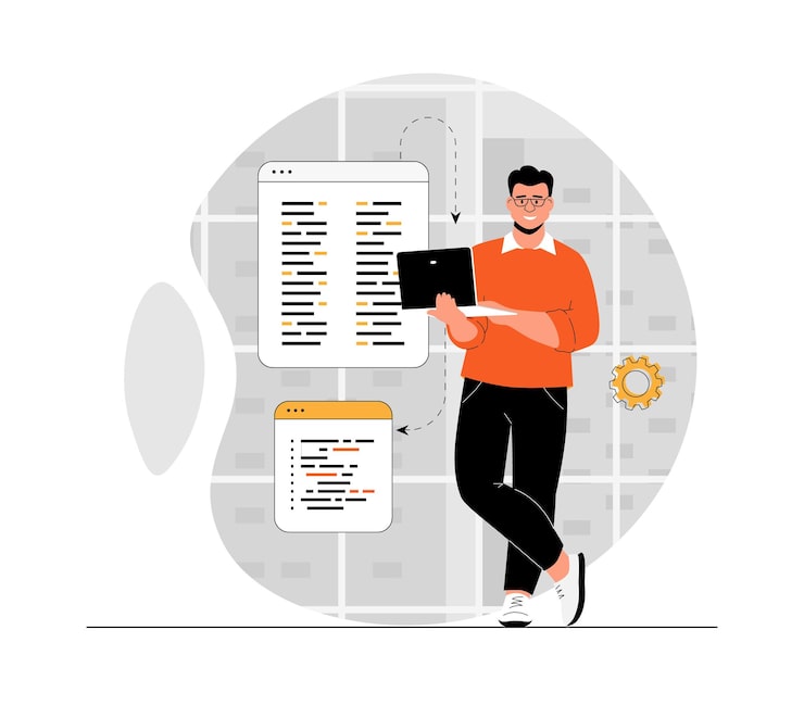 Vektor backend development and software programming man working with program code at laptop testing scrip