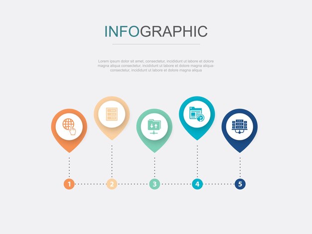 Backup-rechenzentrumssymbole für internetserver ftp-site infografik-design-layout-designvorlage kreatives präsentationskonzept mit 5 schritten