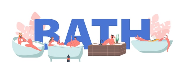 Vektor bad-konzept. menschen, die mit smartphone und buch baden, körper mit seife in der badewanne einschäumen. charaktere hygiene, waschverfahren poster, banner oder flyer. cartoon-menschen-vektor-illustration