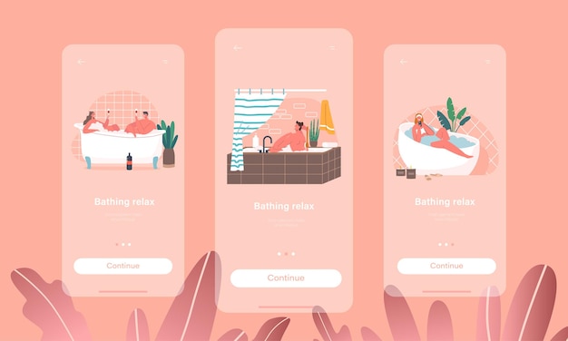 Baden, Entspannen, Mobile App, Seite, Onboard, Bildschirmvorlage, Zeichen, Hygiene, Waschvorgang, Menschen, Duschen, Zu Hause, Oder, Hotel, Badezimmer, Romantisches, Verabredung, Konzept, Karikatur, Vektor, Illustration