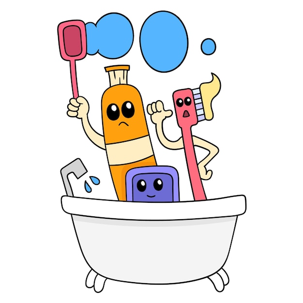 Vektor badewanne mit zahnbürsten-seife-shampoo und toilettenartikeln, vektorgrafiken. doodle symbolbild kawaii.