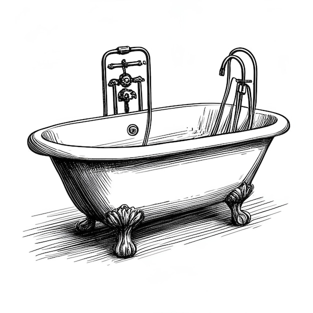 Badewanne Tinte Skizze Zeichnung Schwarz-Weiß-Gravur-Stil Vektor-Illustration