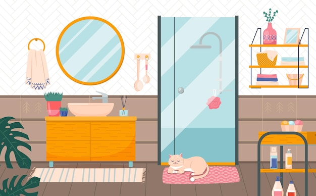 Badezimmereinrichtung waschbecken mit runder spiegelduschkabine und möbeln gemütliche nassraumregale mit shampoos und gelen frotteehandtuch spa-behandlungen vektor-cartoon isoliertes konzept