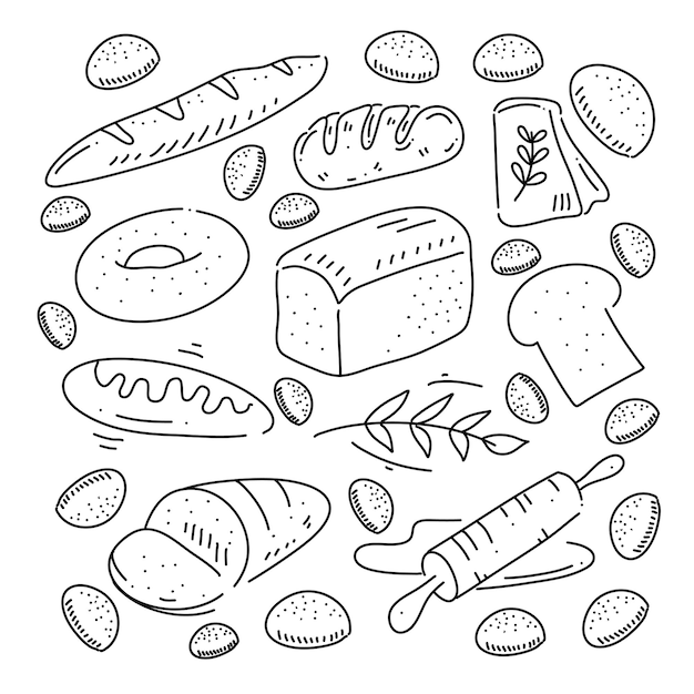 Bäckerei-brot und kuchen-doodle-art-set-bundle für lebensmittel- und getränkeressourcen mit linienstil