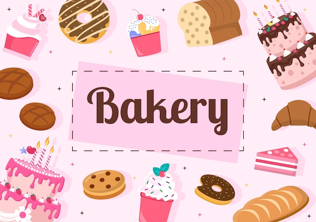 Bäckerei, die verschiedene Brotsorten wie Weißbrotgebäck und andere verkauft, die alle auf flachem Hintergrund für die Posterillustration gebacken werden