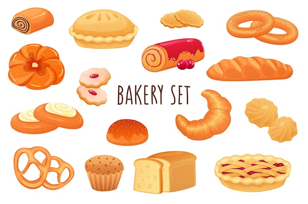 Bäckerei-icon-set in realistischem 3d-design bündel süßer brötchen kuchen kekse muffins croissant