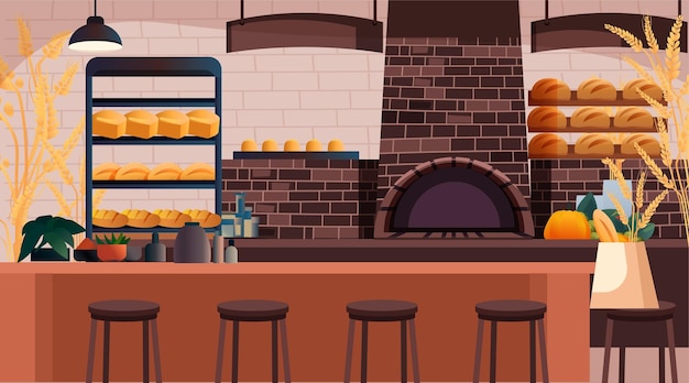 Bäckerei-Innenraum mit Brotregalen gemütliche Cafészene mit Ziegelofen Barstühle dekorative Pflanzen und