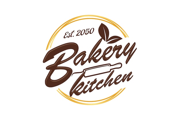 Bäckerei-küche-logo-design mit nudelholz kuchen backen symbol vintage abzeichen essen trinken