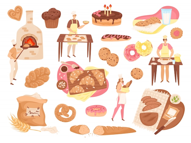 Bäckerei lebensmittel, gebäck und produkte satz von illustrationen. bäcker, frische brotlaibe, kuchen, torten, mehl und backofenikonen. backwaren, donuts, baguette, brezeln und weizenbrötchen.