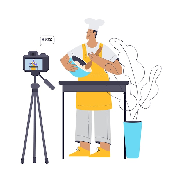 Bäckerei mit Man Baker Charakter Aufnahme Videolektion mit Kamera Vektor Illustration