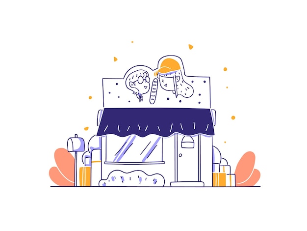 Bäckerei-online-shop e-commerce-marktplatz-konzept-illustration im umriss-handgezeichneten design-stil