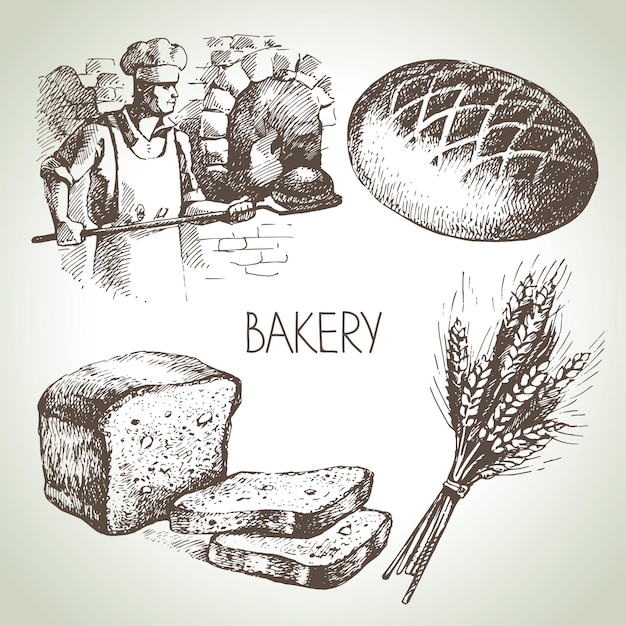 Bäckerei-Skizze-Icon-Set. Vintage handgezeichnete Illustrationen