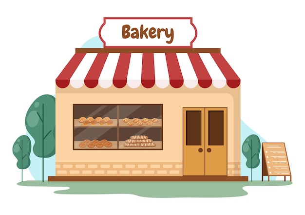 Bäckereigebäude, das verschiedene Brotsorten wie Weißbrotgebäck und andere verkauft, die alle auf flachem Hintergrund für die Posterillustration gebacken werden