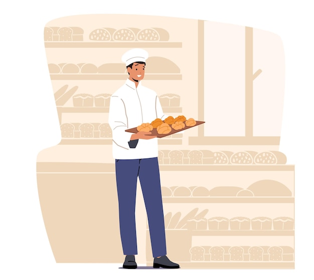 Vektor bäckereiindustrie konditorei- und backwarenproduktion und -herstellung mann chef bäcker in steriler uniform und tablett mit hutablage