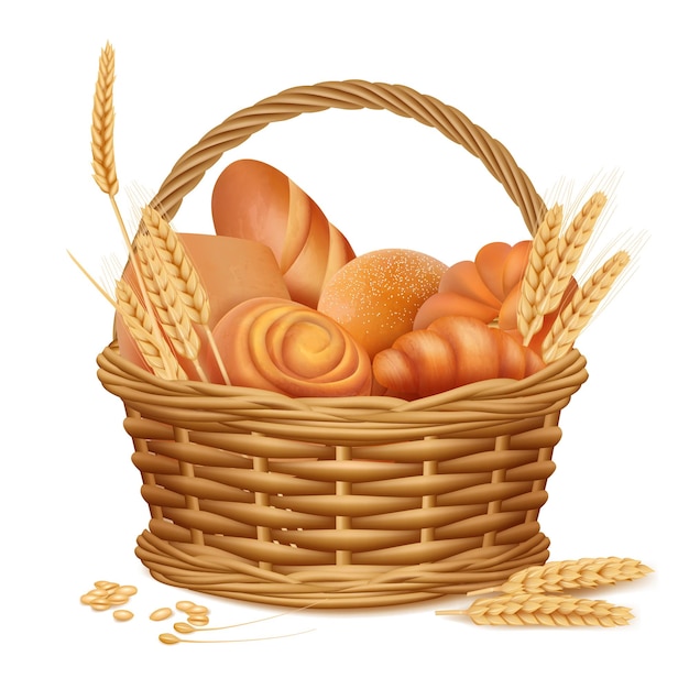 Bäckereikorb. Frische süße geschnittene Brotküchen-Mittagsprodukte in den Korbvektor realistischen Illustrationen